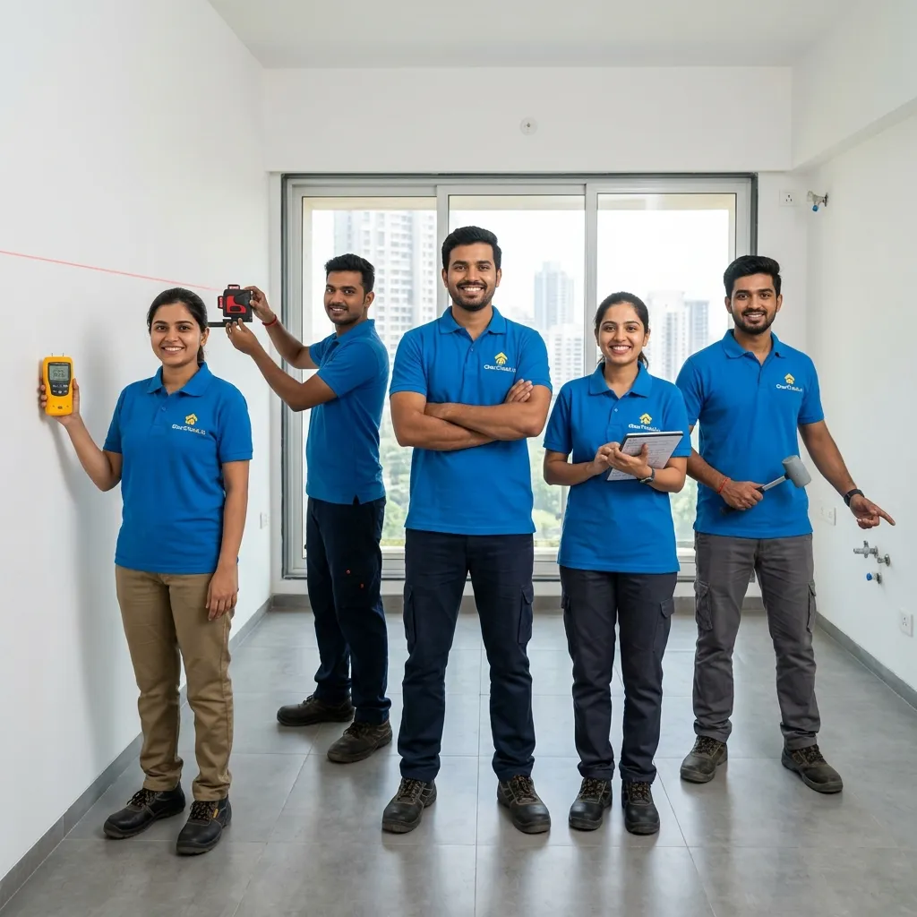 GharCheck Team of 5 engineers with moisture meter and laser