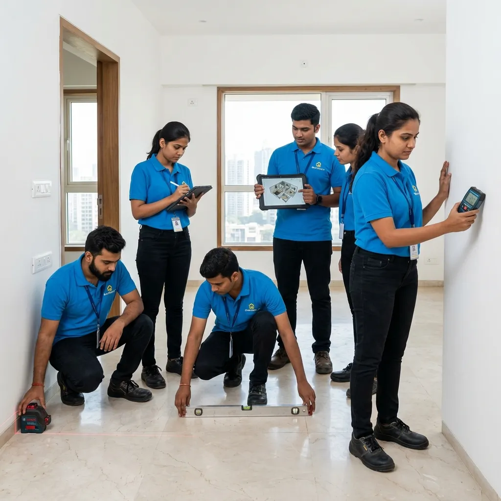 GharCheck Team of 6 engineers with 3D floor plan tablet